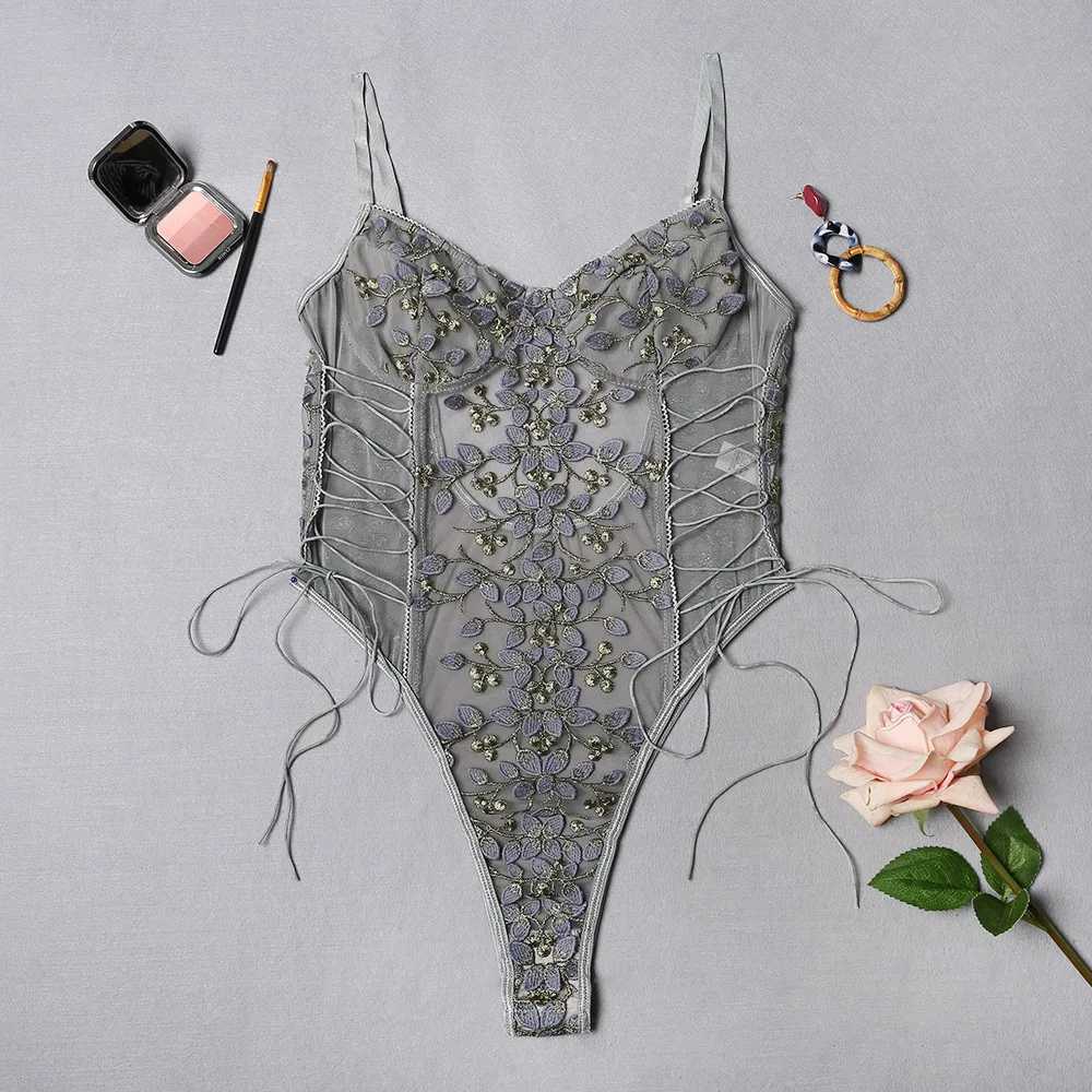 Womens Sweet Lace Flower Embroidery Strap Lingerie Set Sexy Perspective Temptation Jumpsuit Female Solid Exotic Apparel SuitXJ250301