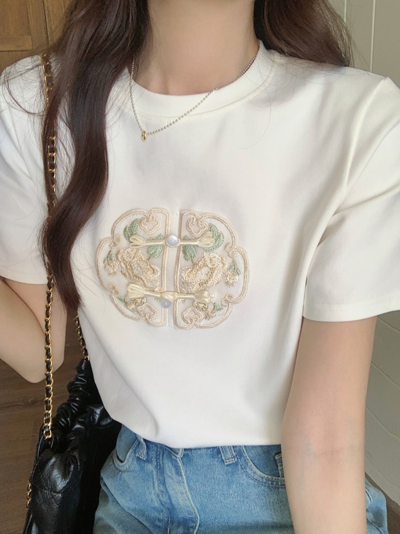 New product lighing delivery new Chinese style 180g cotton pull frame sleeved T-shirt women's summer embroidery slim fit shoulder short round nec