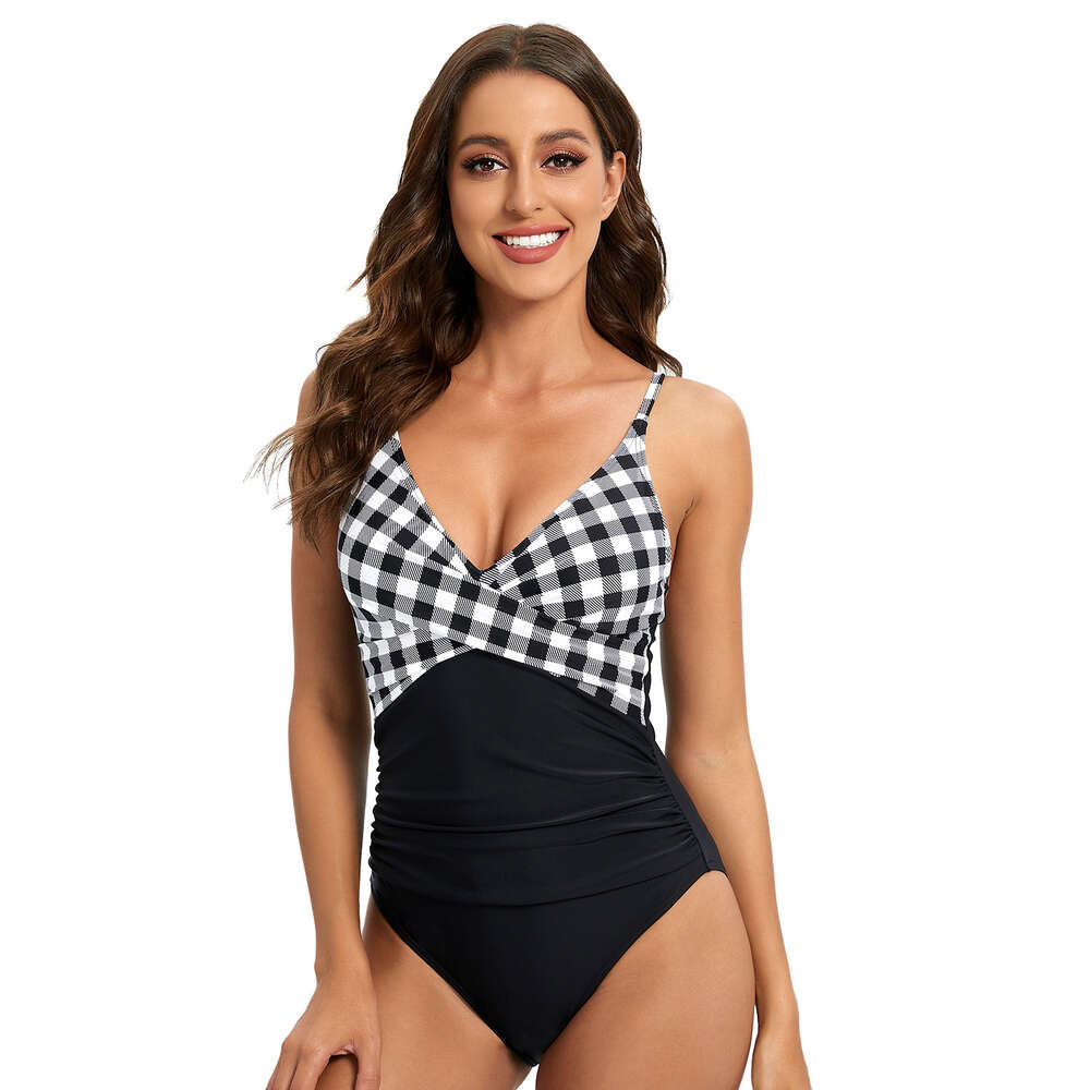 Gentle Wind Retro Leisure Time Fashion Popular Ventilation 2023 New Women's Backless Sexy Suspender Plaid One-piece Swimsuit Women Loose Short Se