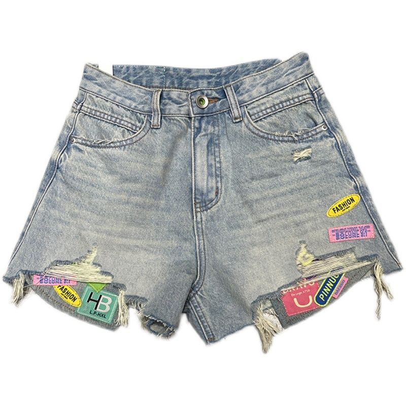 2023 summer new denim high waisted shorts for women worn out Korean version heavy industry splicing wide leg pants hot pants