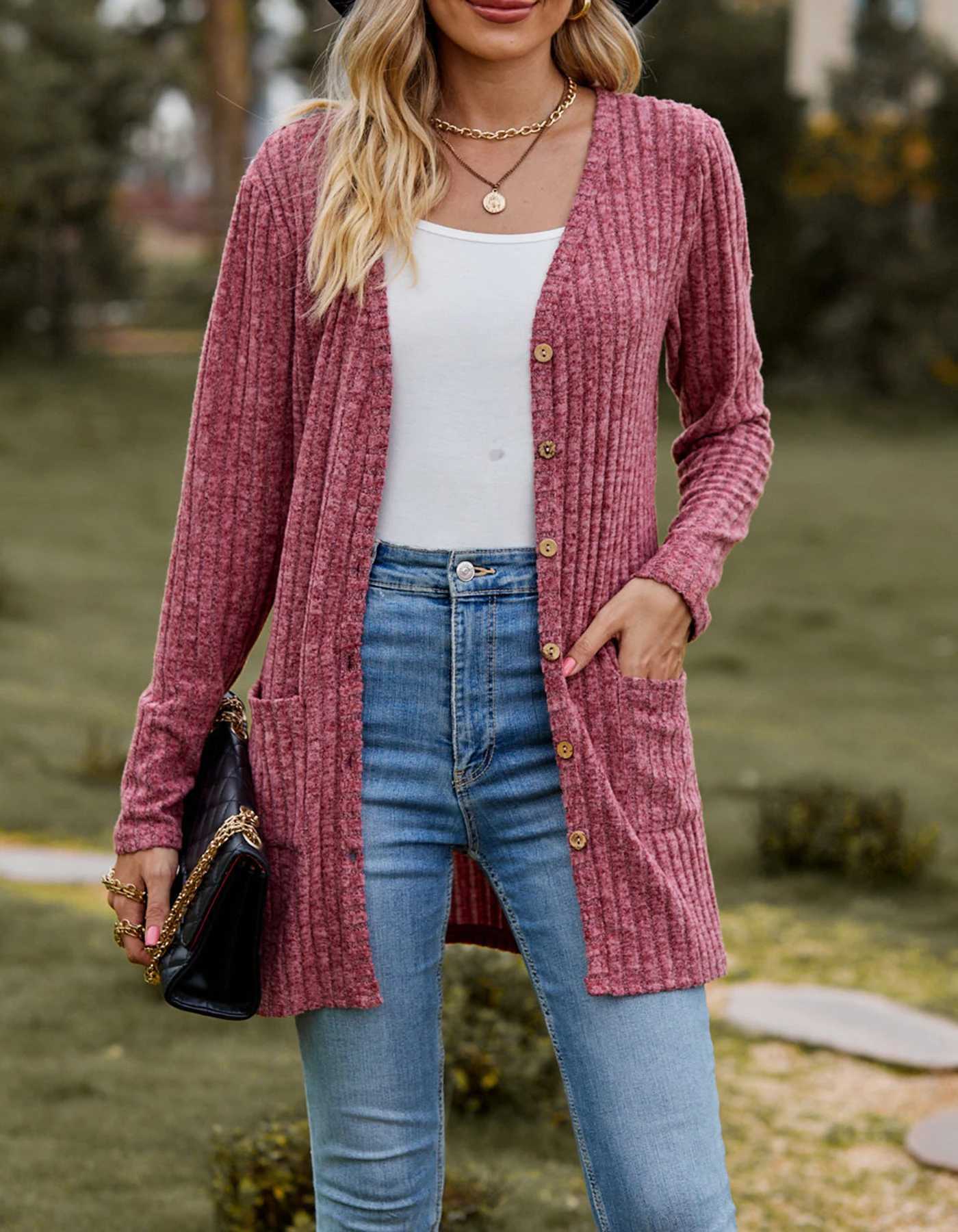 Women's Sweaters Autumn new womens matte pit stripe solid color long sleeved womens open front jacket J2407089N67