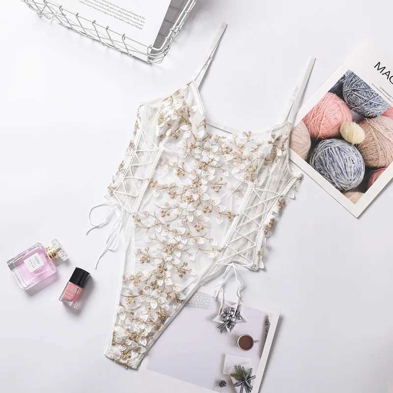 Womens Sweet Lace Flower Embroidery Strap Lingerie Set Sexy Perspective Temptation Jumpsuit Female Solid Exotic Apparel SuitXJ250301