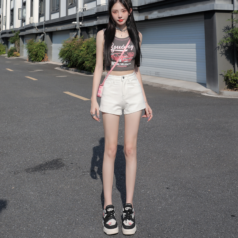 American Casual 2024 Water Wash A-line High Waist Denim Shorts Spicy Girl Tight Wrap Hip Hot Pants Summer