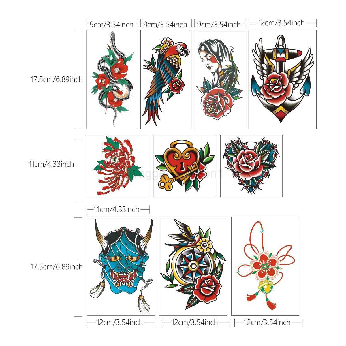 10pcs Old School Waterproof Temporary Tattoo Sticker Flower Animal Tattoos Women Body Art Arm Fake Tatoo Men AccessoriesB240713