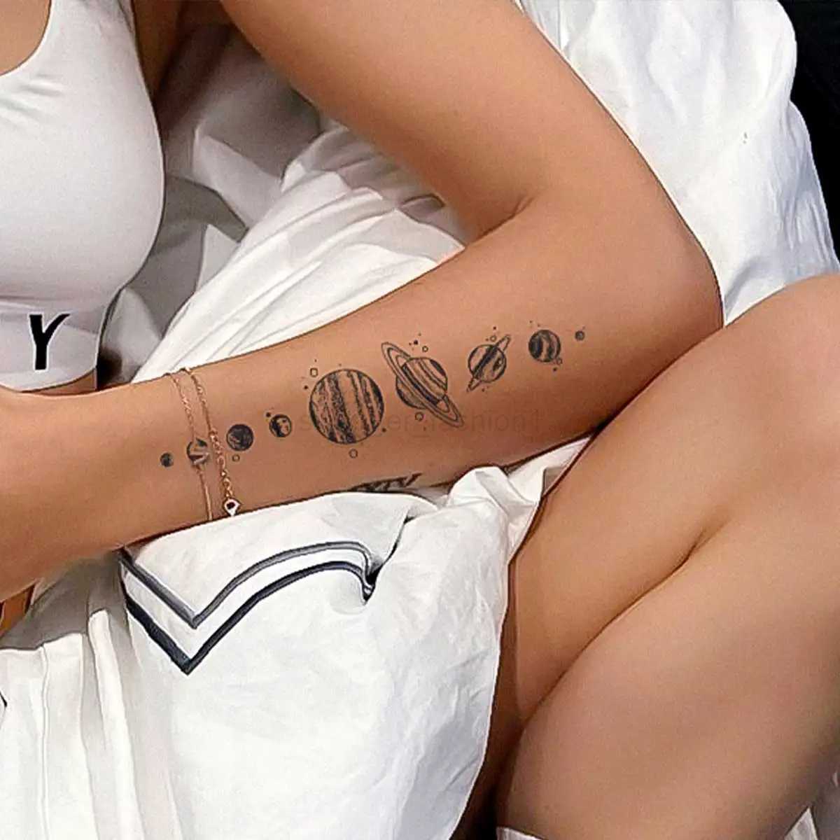 1pc Small Geometric Temporary Tattoo Stickers Black Water Transfer Tattoo Minimalist Outer Space Planet Design Fake Tattoo WomenB240713