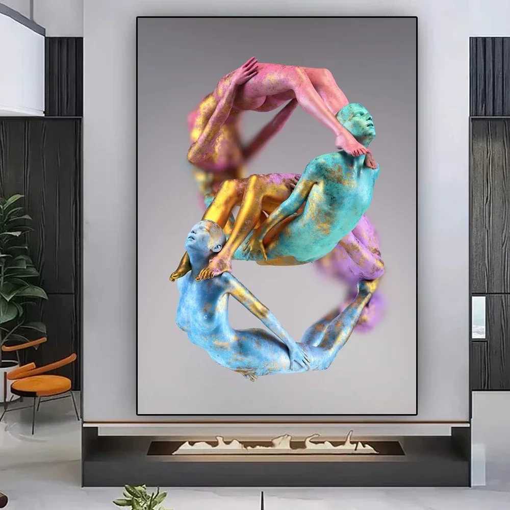 Metal Figure Statue Art Canvas Painting Abstract Couple Sculpture Posters and Print Wall Picture for Living Room Home DecorationB240713