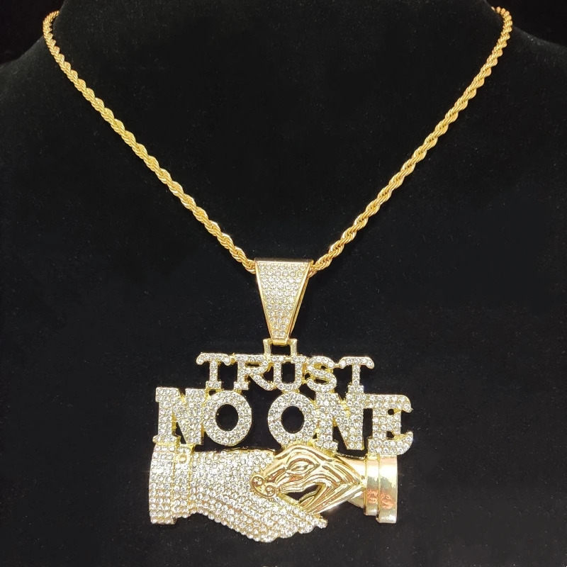 Men Women Hip Hop Trust no one Pendant Necklace with13mm Cuban Chain Hiphop Iced out pendant Necklaces Fashion Punk Jewelry Gift 240713