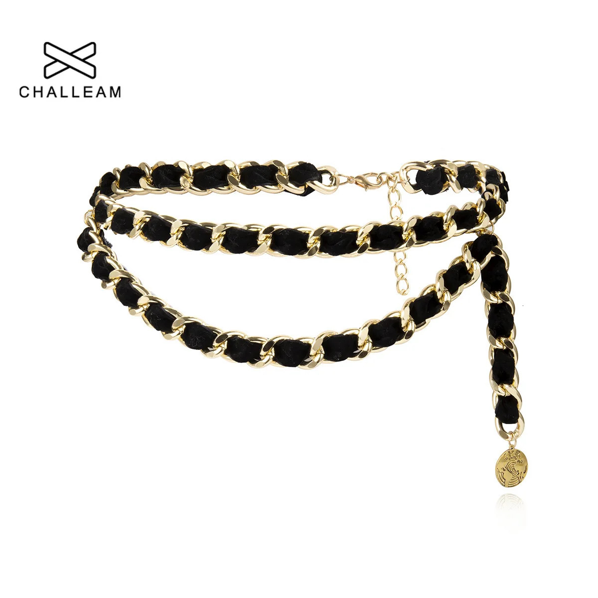 Womens edge alloy metal chain belt womens tassel flannel gold belt womens Exaggerated retro flocked waist chain 139 240710