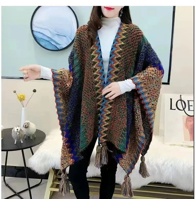 Knited Shawl Coat Women Elegant Ethnic Cardigan Ponchos Vintage Loose Tassel Shawl Jackets Autumn Winter Streetwear Clothes Cape 240712
