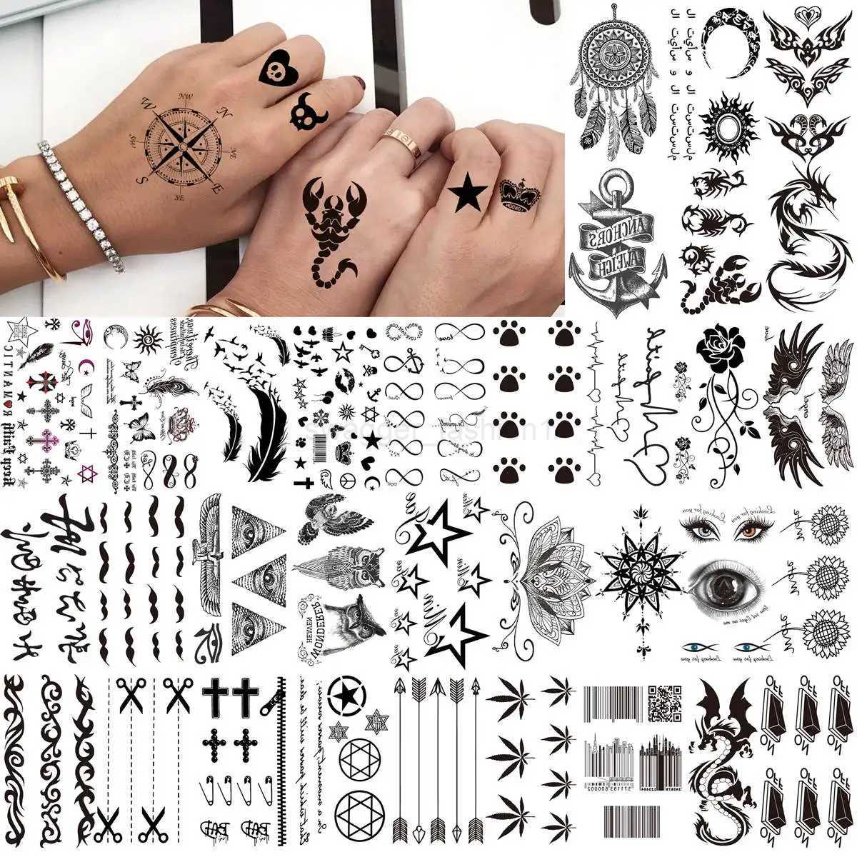 66 Sheets Small Black Temporary Tattoos For Women Men Face Neck Fake Tattoo Sticker Realistic Skull Flower Star Tatoos Kits FunB240713