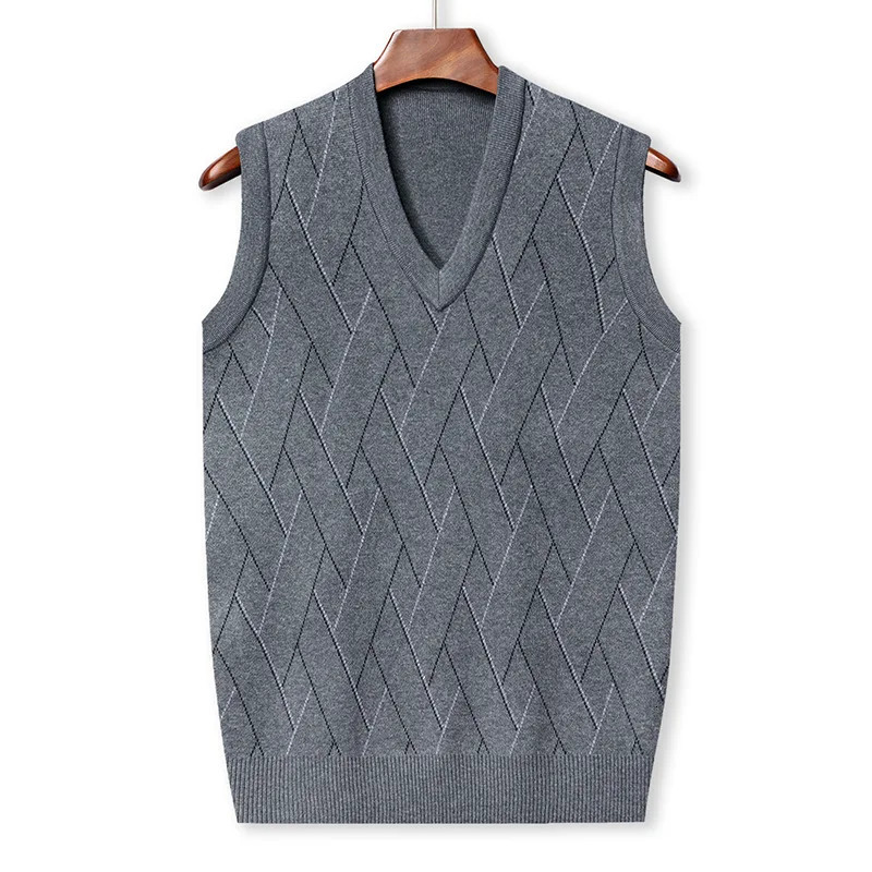 Spring Autumn Casual Fashion Mens Sweater Tank Top Print Stripe V-neck Patchwork Screw Thread Loose Knitted Sleeveless Top 240712