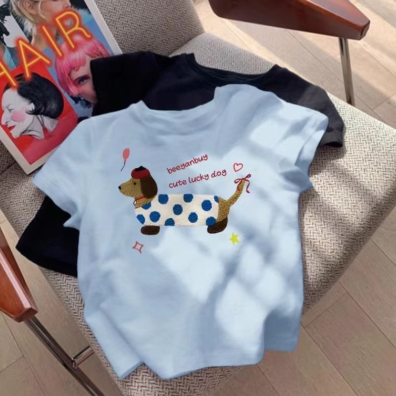 Tshirts Girls Cartoon Tshirt Lovely Girls TShirts Dog Print Short Sleeves Print Boys Kids Tee Leisure Child Tops High Quality T Shirt 100 Cotton Color