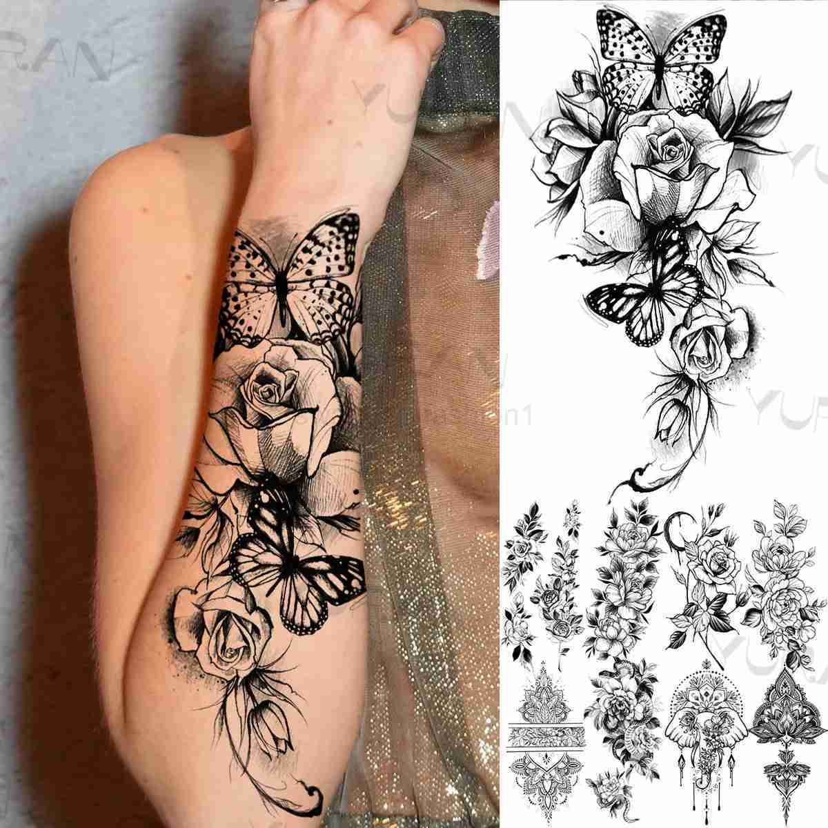 Lace Butterfly Rose Temporary Tattoo For Women Adult Henna Elephant Pendant Moon Flower Fake Tatoo Waterproof Arm Tattoo StickerB240713