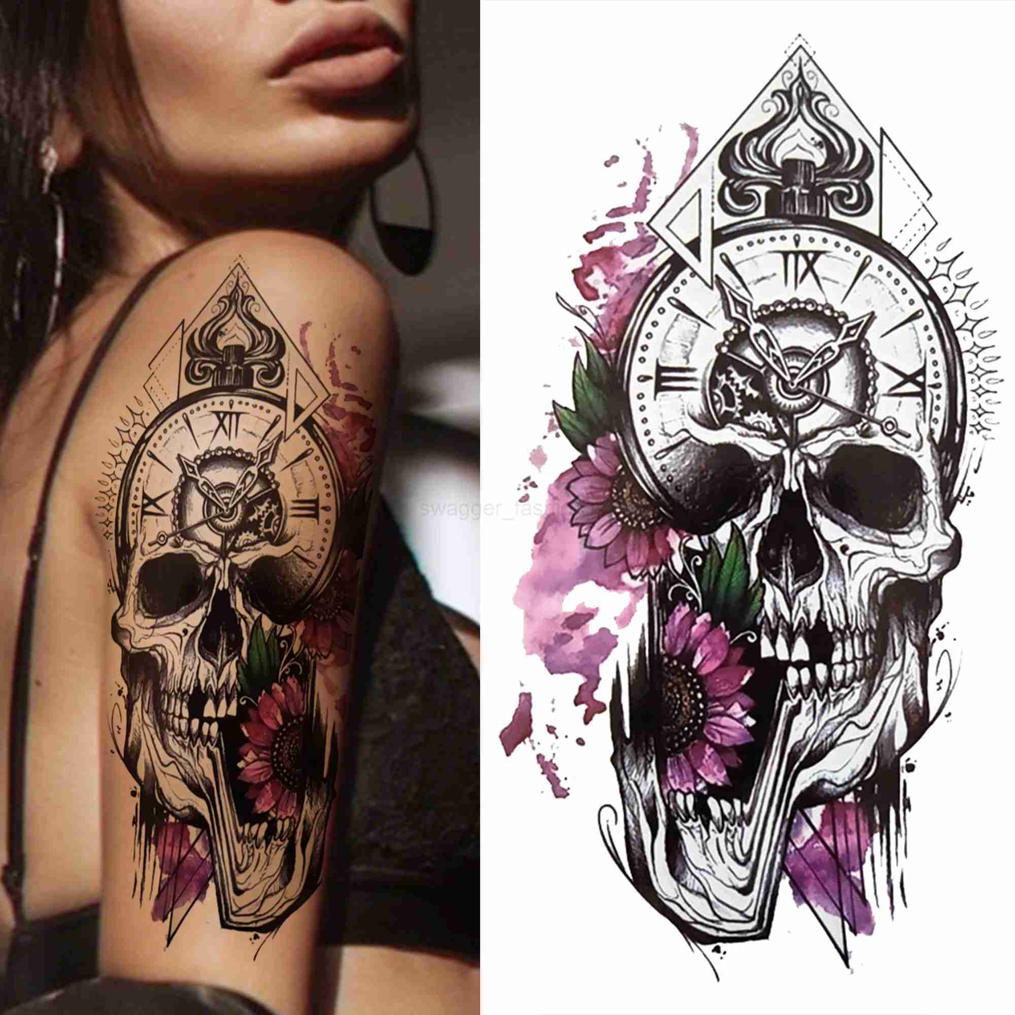 Large Death Skull Snake Flower Temporary Tattoos For Women Men Adult Skeleton Fake Rose Tattoo Sticker Black Peony Body TatooB240713