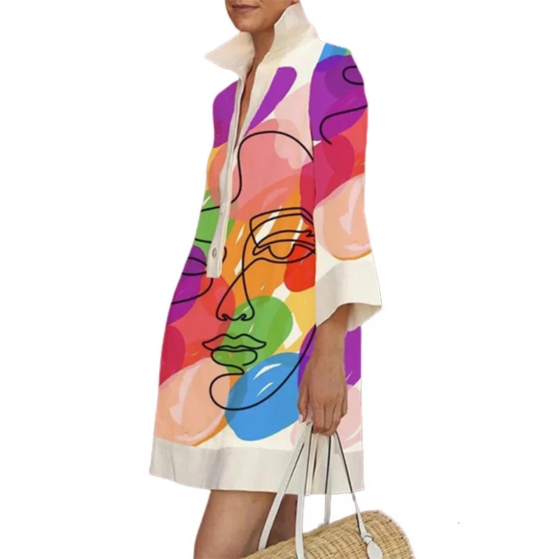 Gymystars Stylish Personality Figure Printed Lapel Short Dress Spring Summer Long Sleeve Casual Mini Dresses 240705