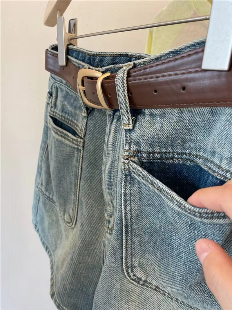 MUYANG Spicy Girls Cheerleading Team High Waist Hong Kong Flavor Slim denim shorts A-line straight washed large pocket hot pants