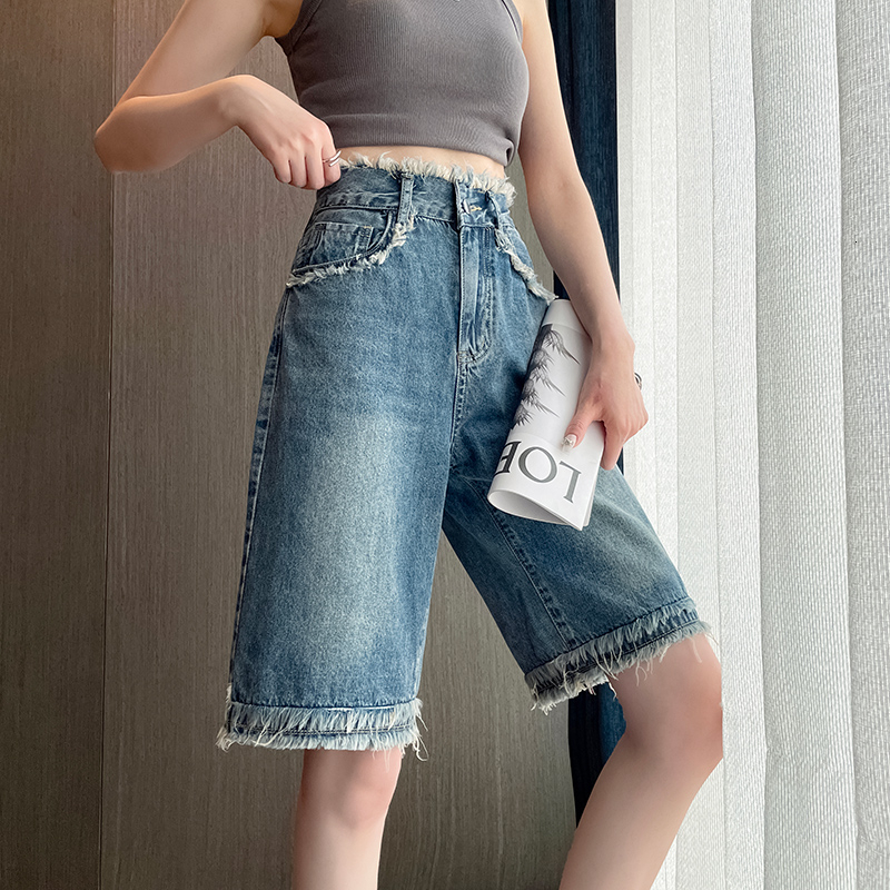 Designer's new style personalized jeans for summer, multi hair mid length pants for 2024 fashion, sports, casual, loose fit Korean women's j