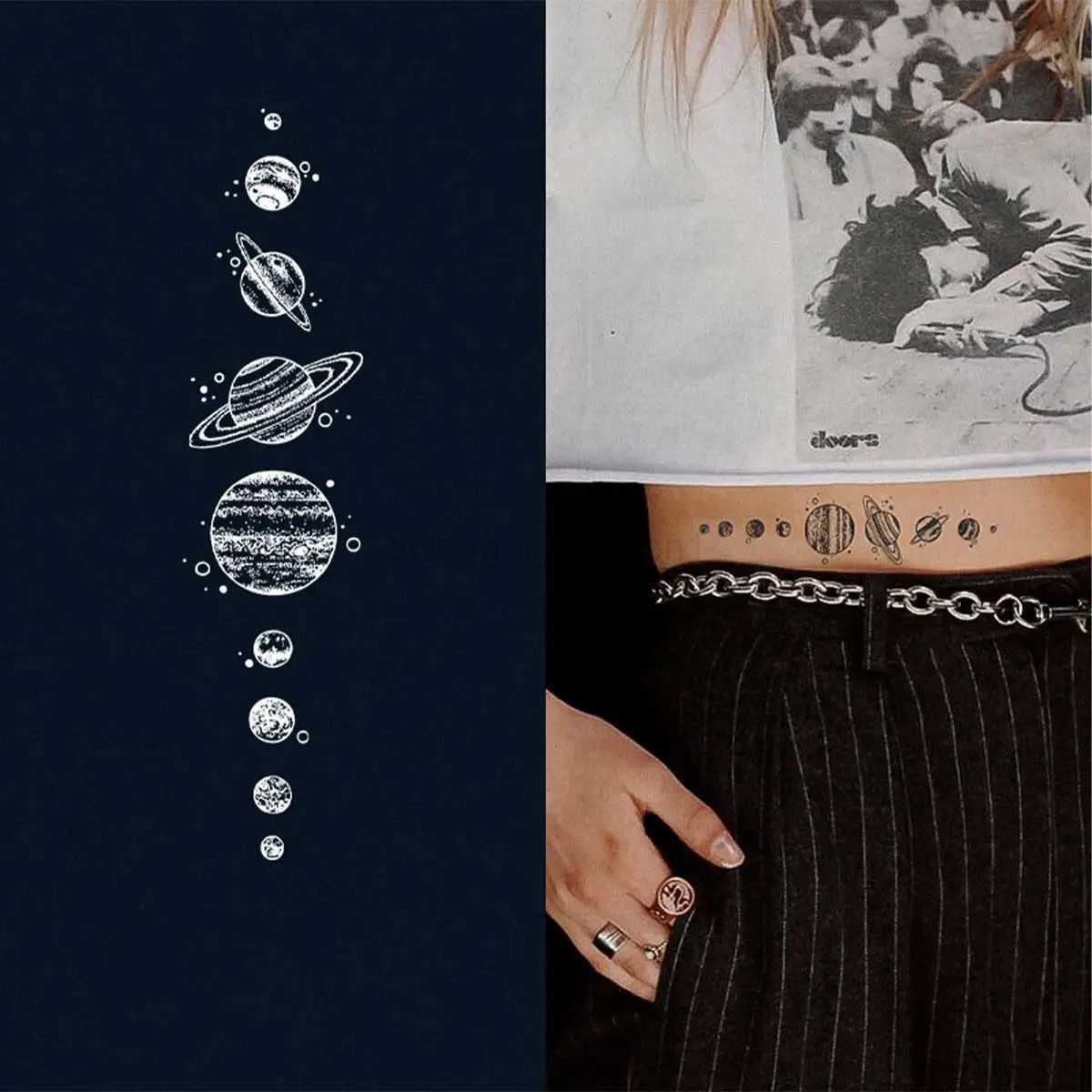 1pc Small Geometric Temporary Tattoo Stickers Black Water Transfer Tattoo Minimalist Outer Space Planet Design Fake Tattoo WomenB240713