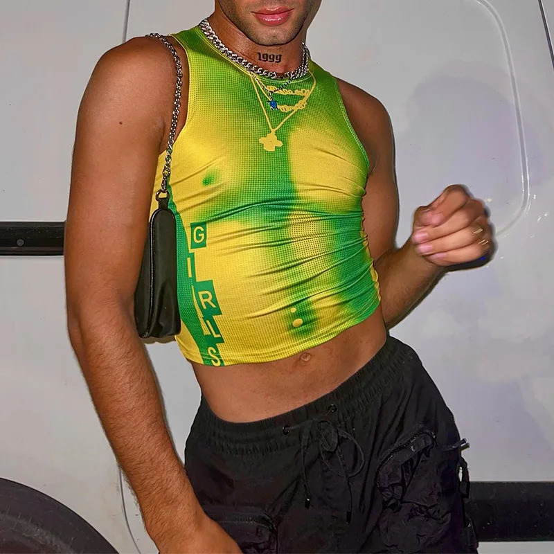 Sexy Elastic Slim Tank Tops Mens Nightclub Fashion Printed Sleeveless O Neck Straps Short Vest Streetwear Men Y2K Trend Camisole 240703