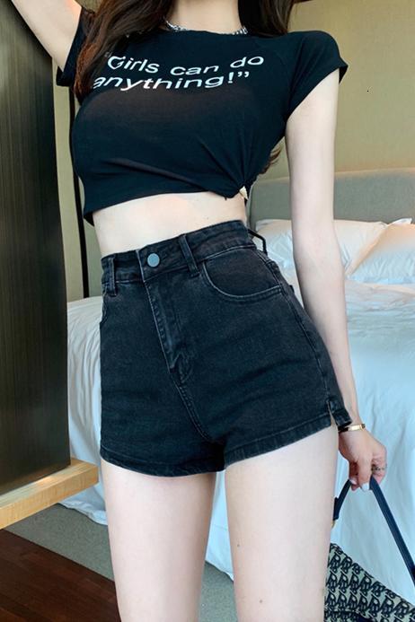 Denim shorts for women with high waist slim straight cut summer sexy and versatile A-line mesh red cropped pants black hot pants
