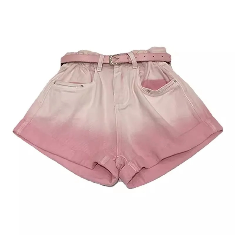 2024 Summer New Korean Sweetheart Gradient Color Spicy Girl Small Curled High Waist Denim Wide Leg Shorts for Women