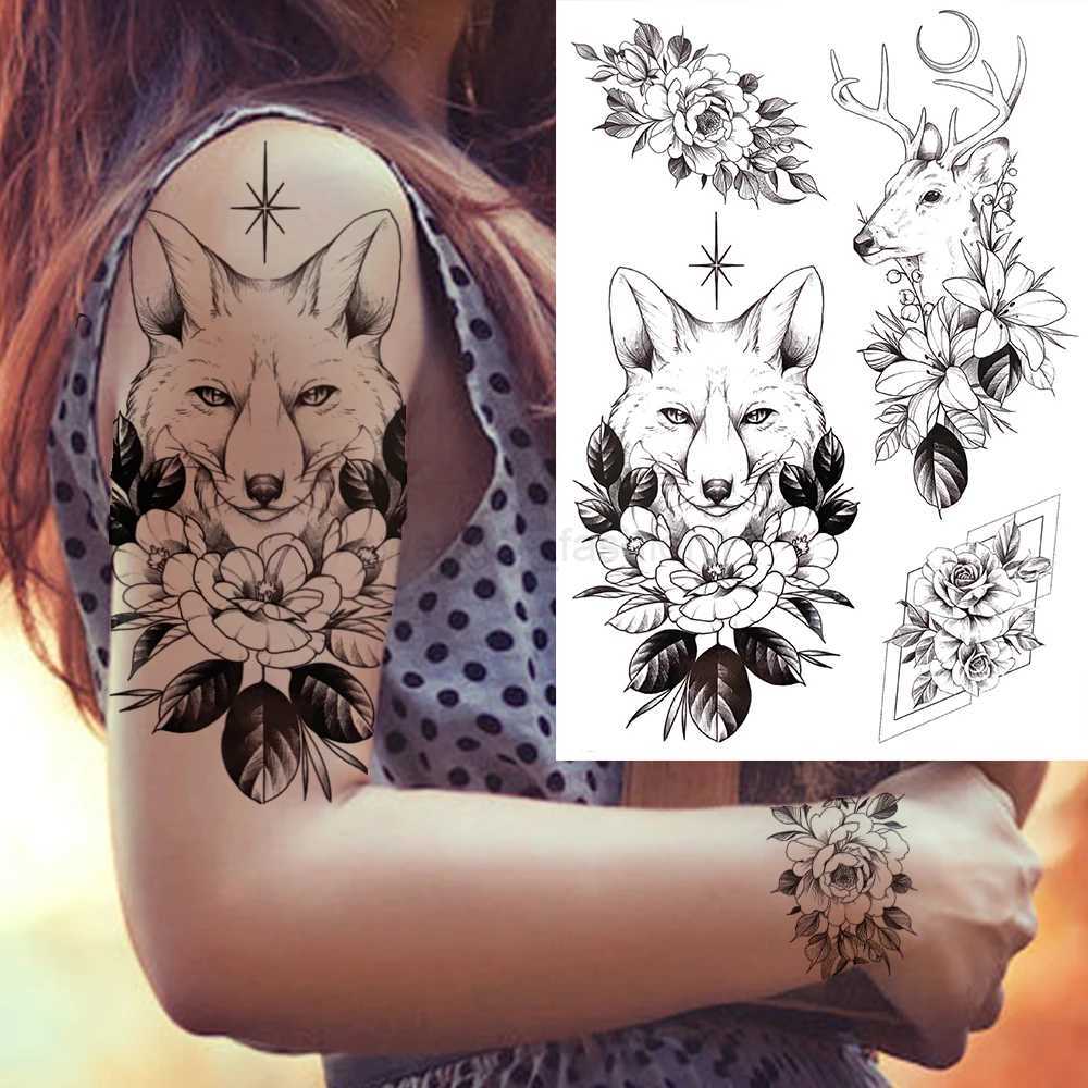 3D Flower Triangle Temporary Tattoos For Women Girl Fake Wolf Deer Geometry Tattoo Sticker Peony Dahlia Body Art Adults TatoosB240713
