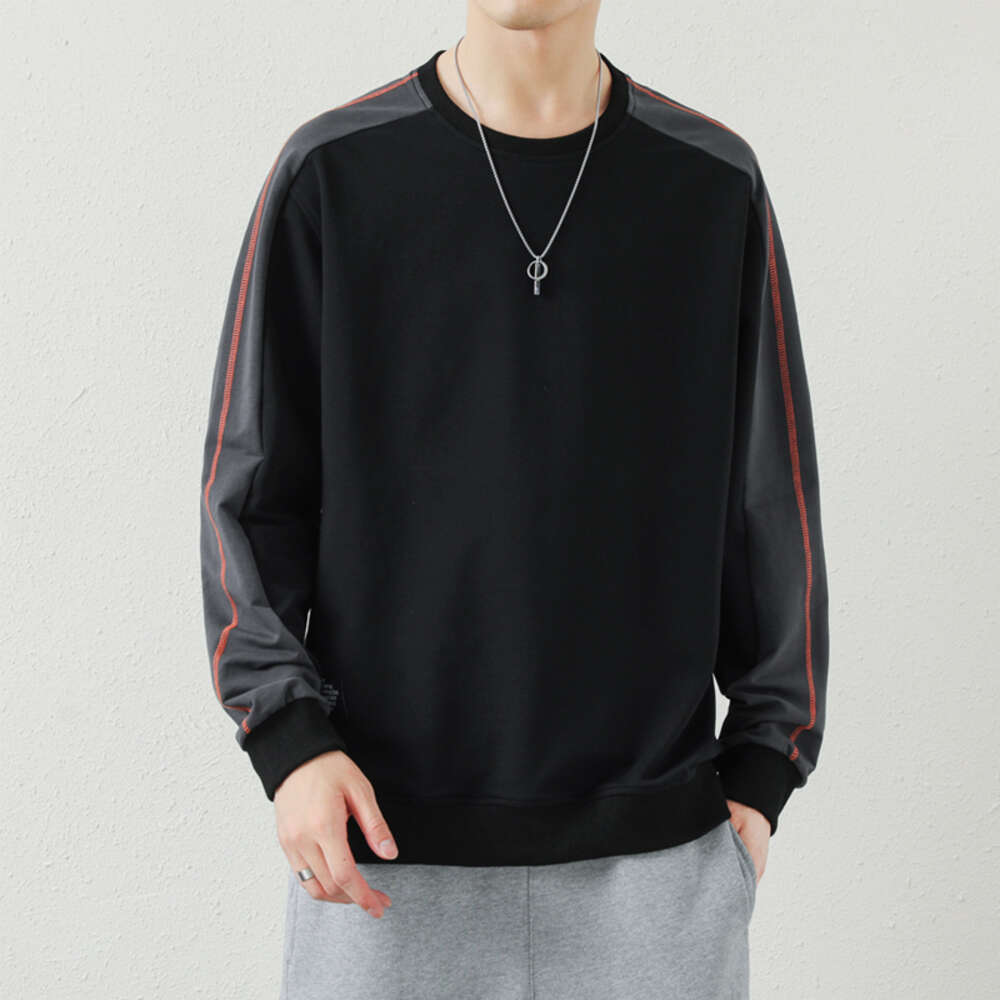 Autumn new spliced men's high-quality cotton hoodie, color blocked round neck long sleeved T-shirt jacket, two-fold high conversion