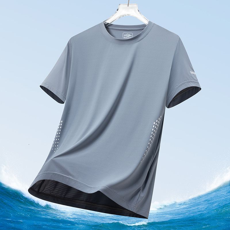 Yuncang Flash Hair 2024 Summer Ice Silk sleeved Thin, Loose, Casual, Lightweight Bottom Shirt Men, Quick drying T-shirt for Sports, Breathable Short S