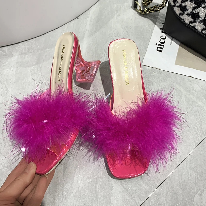 Feather Slippers Transparent and Strange Womens High Heels Fashion Transparent PVC Square Open Toe Fur Sandals Womens Mule Slide 240713
