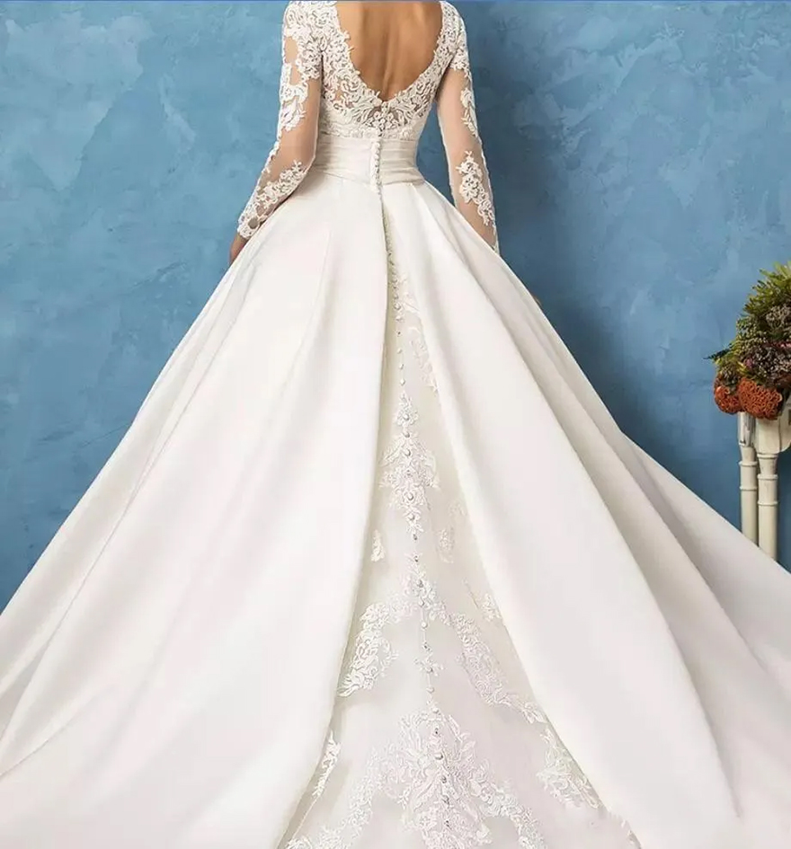 Amelia Sposa Lace Wedding Dresses With Pockets 2024 Long Sleeves Jewel Neck A Line Bridal Gowns Backless Sweep Train Satin Vestidos