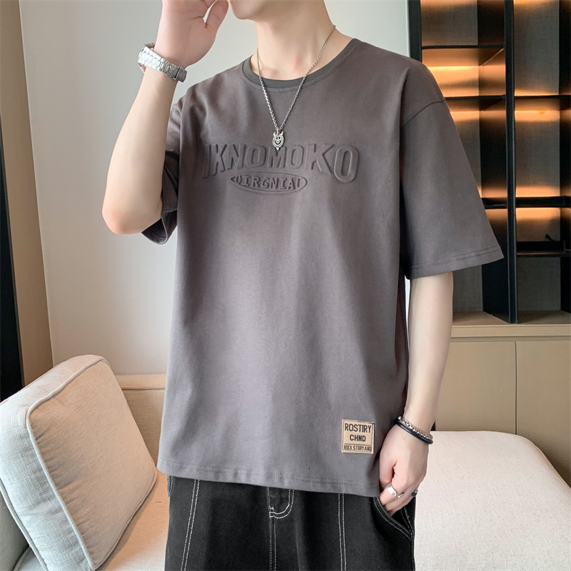 Lighing Delivery 2024 New Summer Boutique Steel Print Round Neck T-shirt Men's American Street Hip Hop Trendy Brand Loose and Versatile Short Sle