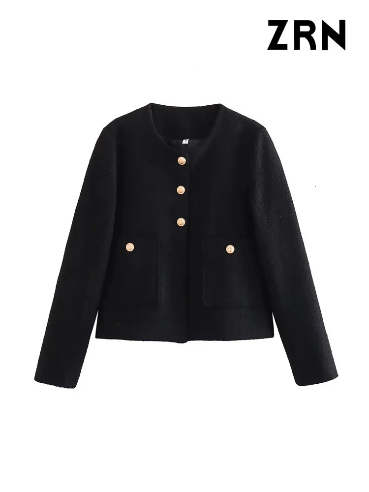 ZRN Women Fashion With Pockets Tweed Jack Coat Vintage Long Sleeve Front Button Female Outerwear Chic Tops 240712
