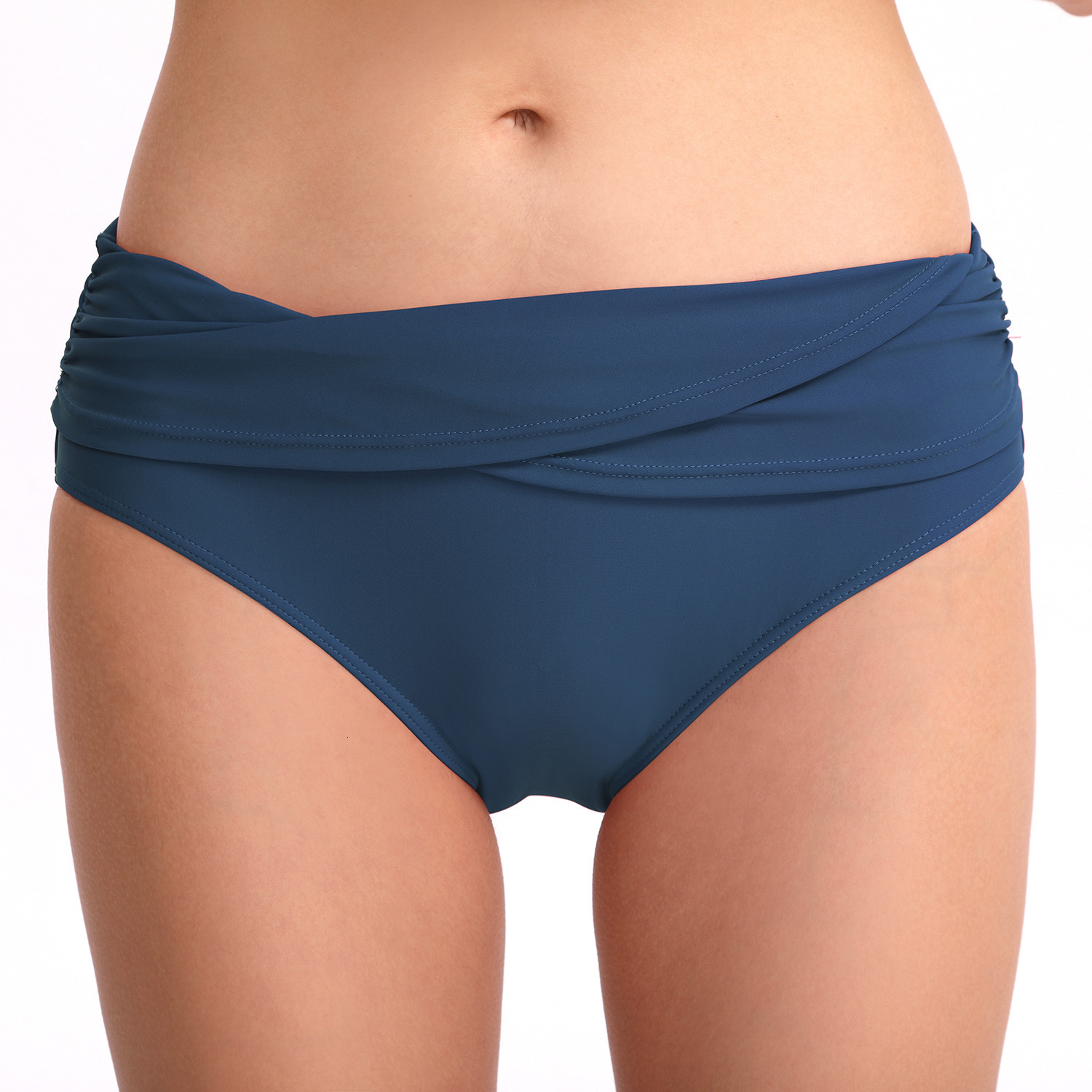 Retro High Elasticity Versatile Temperament 2023 New Women's Triangle Solid Color Sexy Hip Lifting and Slimming Wrinkle Mid Waist Swimming Pants 