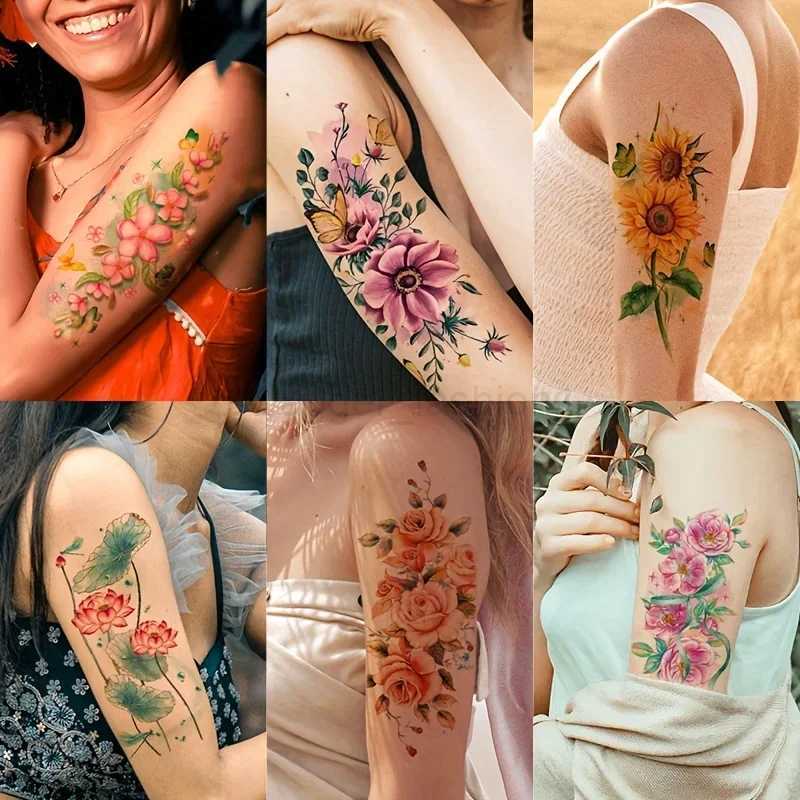 Flower Half Arm Temporary Tattoos Stickers Purple Bunch Lotus Red Lily Fake Tattoss Waterproof for Women Laides Body Party FavorB240713