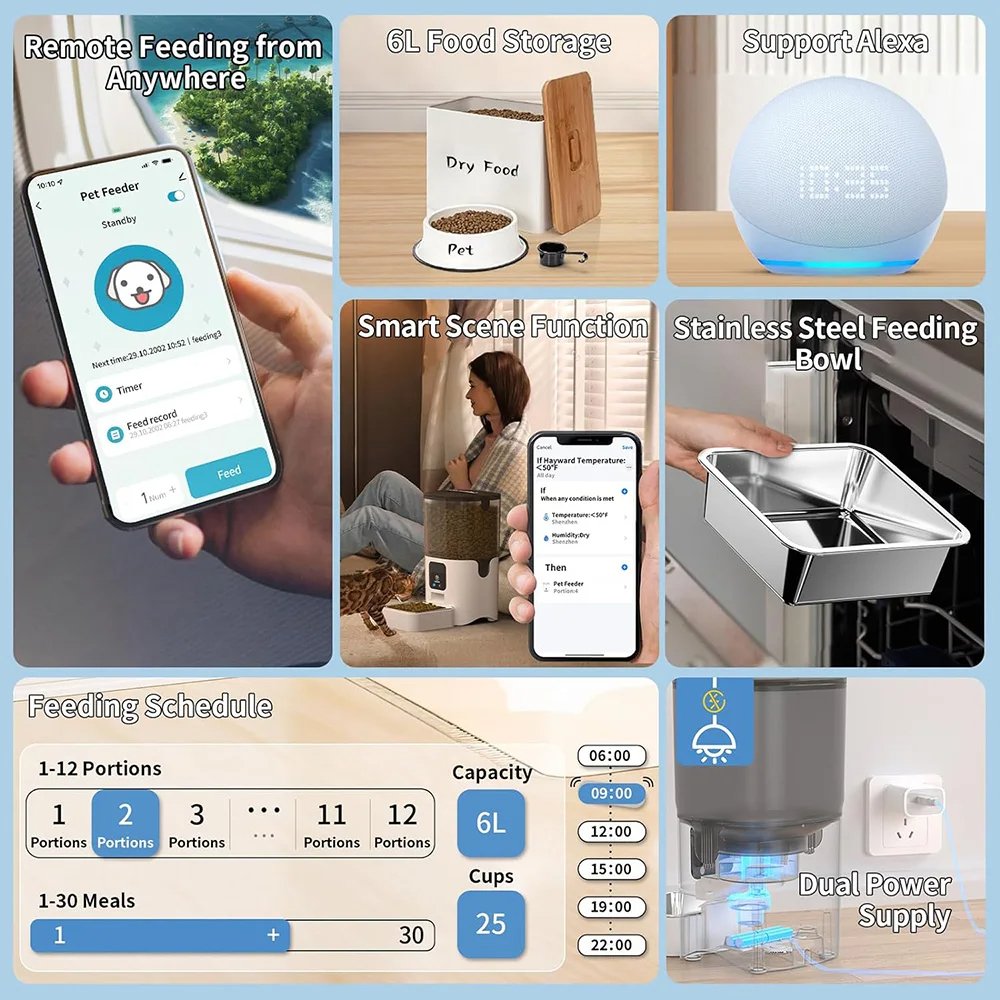 Smart Automatic Cat Feeders WiFi Pet Feeder with APP Control for Remote Feeding, Cat Food Dispenser 1-30 Meals Per Day for Dog