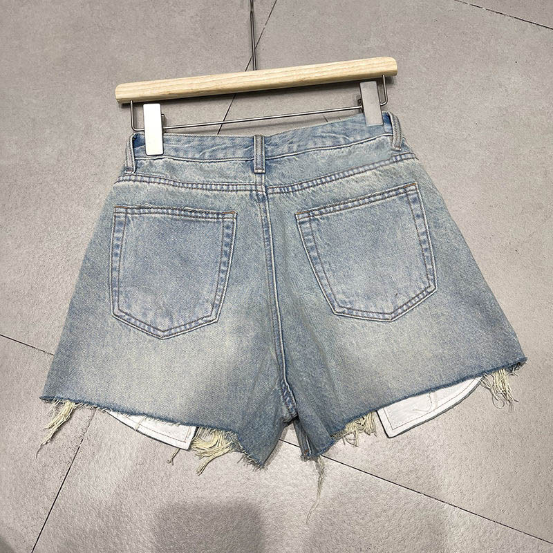 2023 summer new denim high waisted shorts for women worn out Korean version heavy industry splicing wide leg pants hot pants