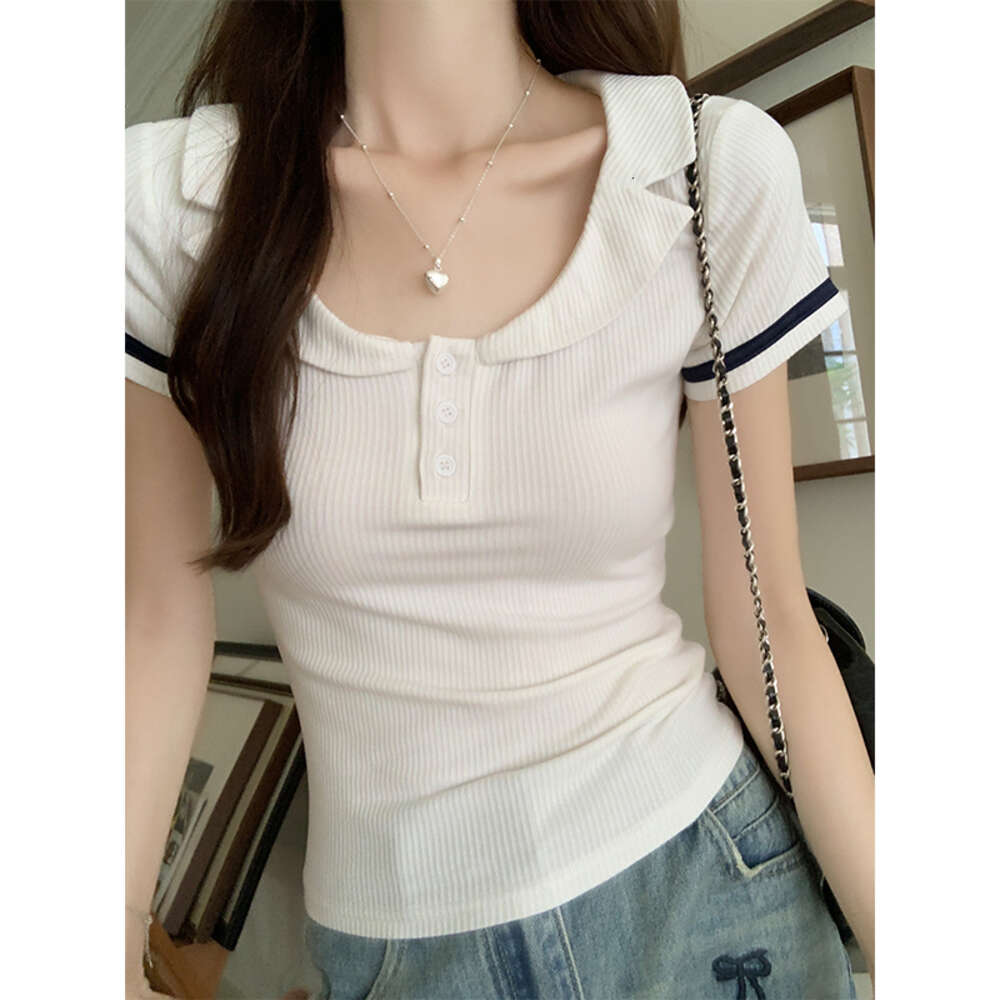 New product lighing delivery Korean version college style sweet collared contrasting short sleeved T-shirt for women's summer slim fit and versat