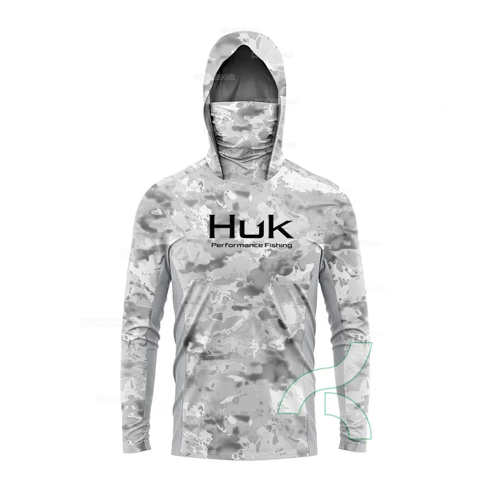 HUK Fishing Shirt Long Sleeve Anti-UV Fishing Hooded Shirts With Face Mask Fish Clothing Outdoor Sun Protection T-shirts UPF 50 240709