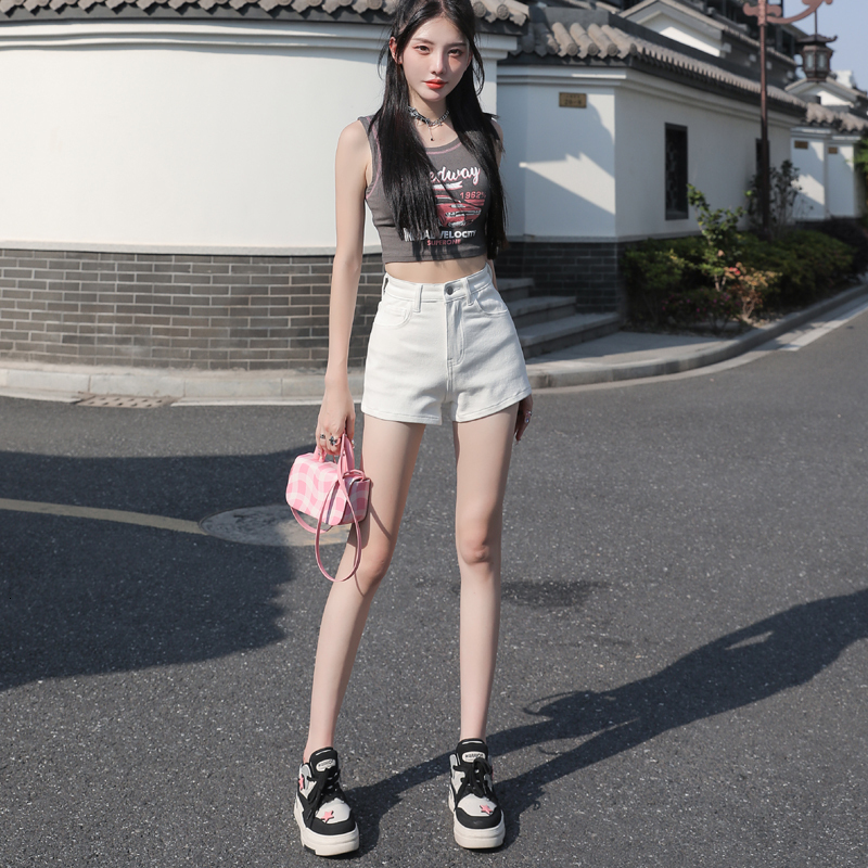 American Casual 2024 Water Wash A-line High Waist Denim Shorts Spicy Girl Tight Wrap Hip Hot Pants Summer
