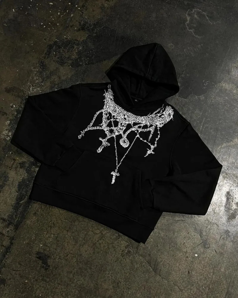 Streetwear Pullover Y2k Costume Harajuku Hip Hop Necklace Pattern American Style Fashion Trend Mens Long sleeved Top 240626