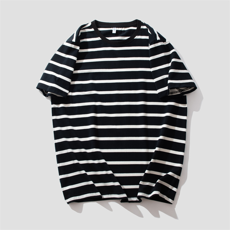 2022 Summer Loose Large Size Thin Striped Round Neck T-shirt High end Men's Sports Shirt Short Sleeve Pure Cotton