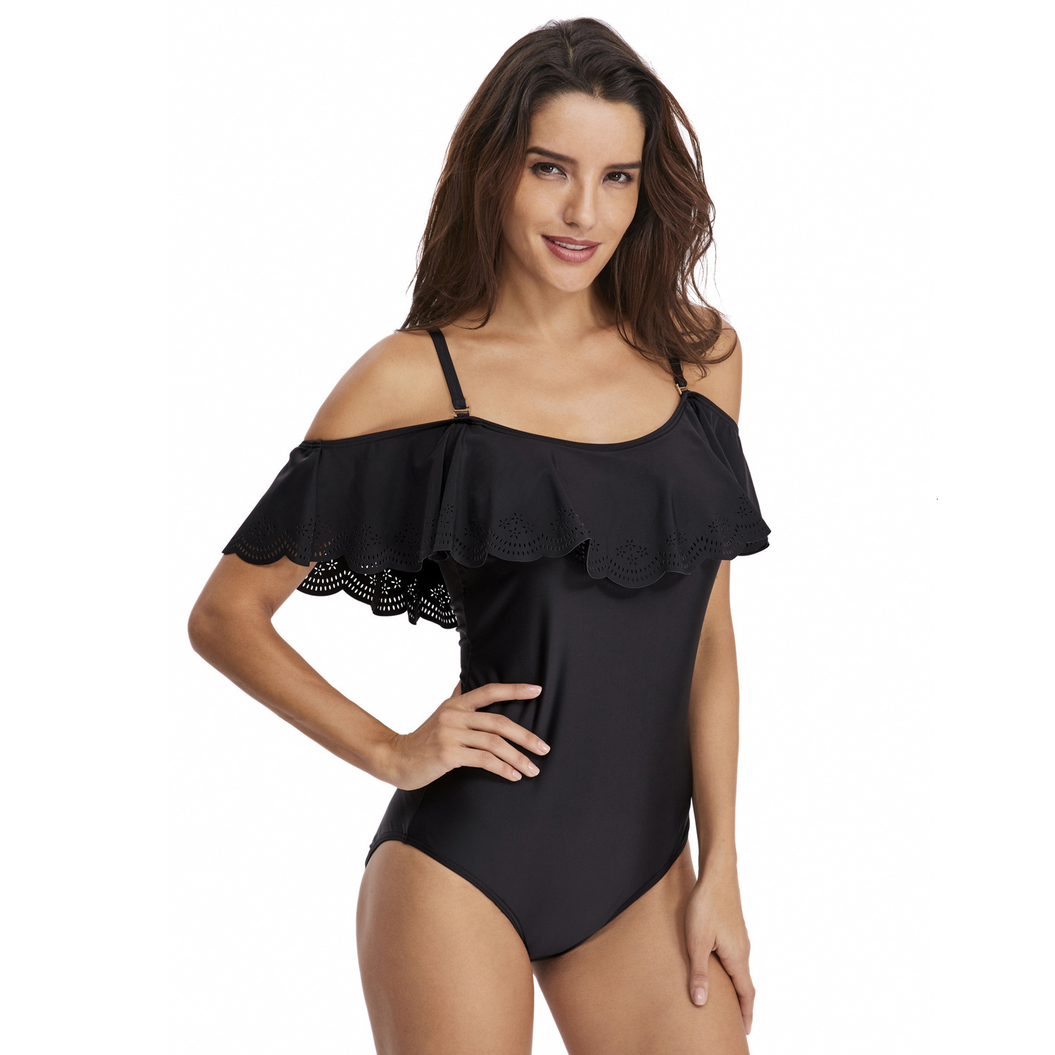 Beach Casual New Product French Sleeveless Solid New Pattern Strap Hollowed Out Triangular Ruffle Edge One-piece Swimsuit Waist Temperament Short Wais