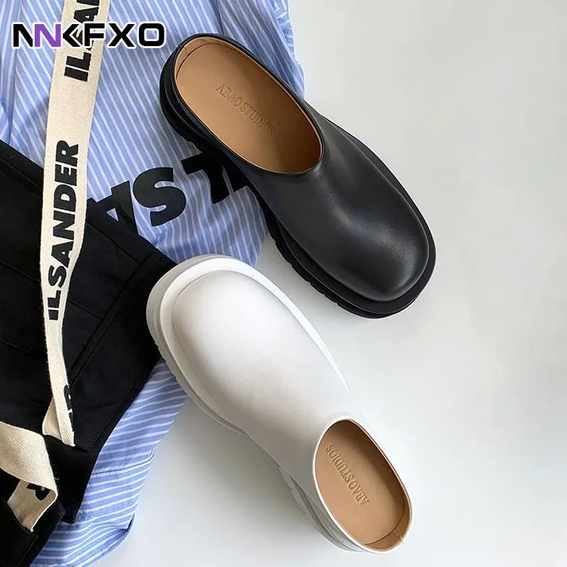 Womens Sliding Summer Fashion Leather Shoes Loafers High Platform Sliding Womens Black High Heeled Mule Shoes Vc3474 240713