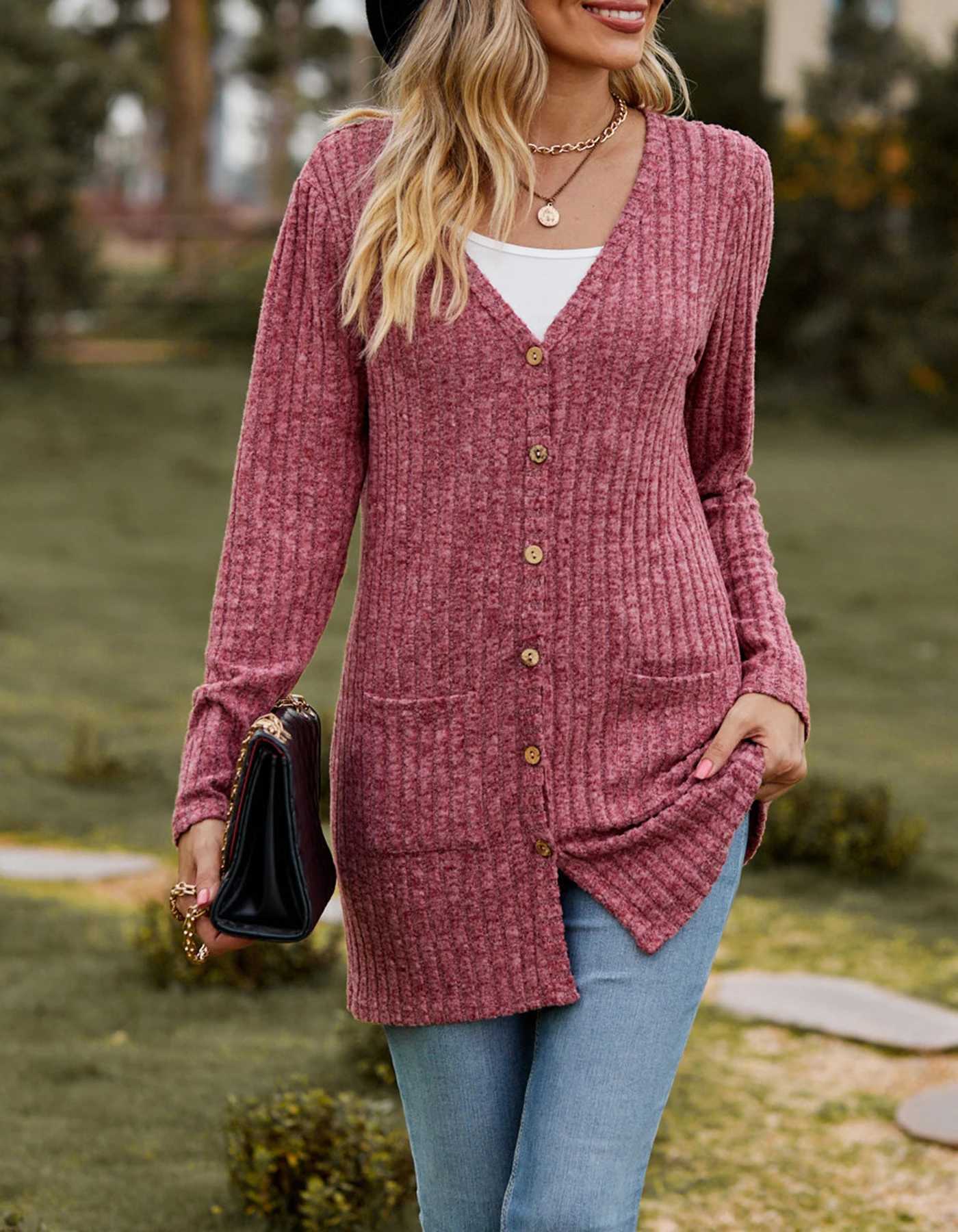 Women's Sweaters Autumn new womens matte pit stripe solid color long sleeved womens open front jacket J2407089N67