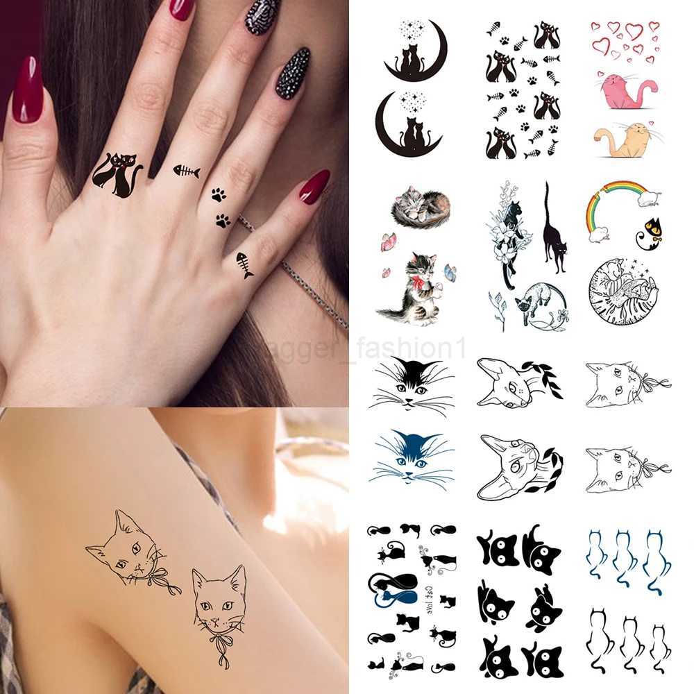 10pcs Black Cat Mouse Waterproof Temporary Tattoo Sticker Cute Animal Body Art Arm Neck Hand Back Foot Fake Tattoos Women MenB240713