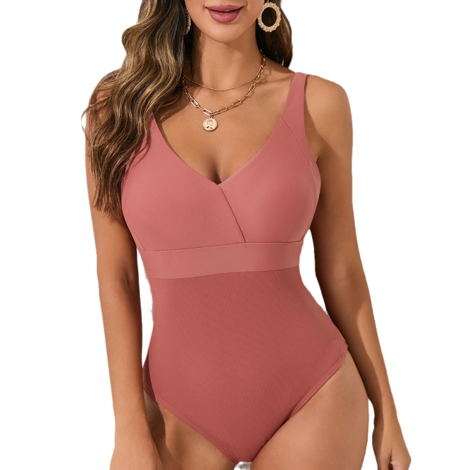 Fashion Versatile 2024 New Deep V Sexy Color Blocked Women's U-shaped Back Anti Glare One-piece Swimsuit Self-cultivation Temperament Bifurcated 