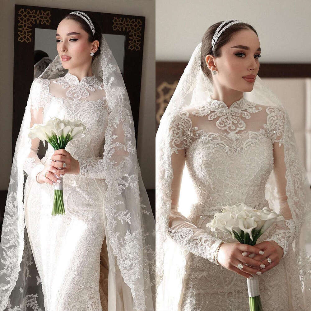 Mermaid Wedding Dresses Long Sleeves Appliques Lace Bridal Gowns Custom Made Sweep Train Robe De Mariee