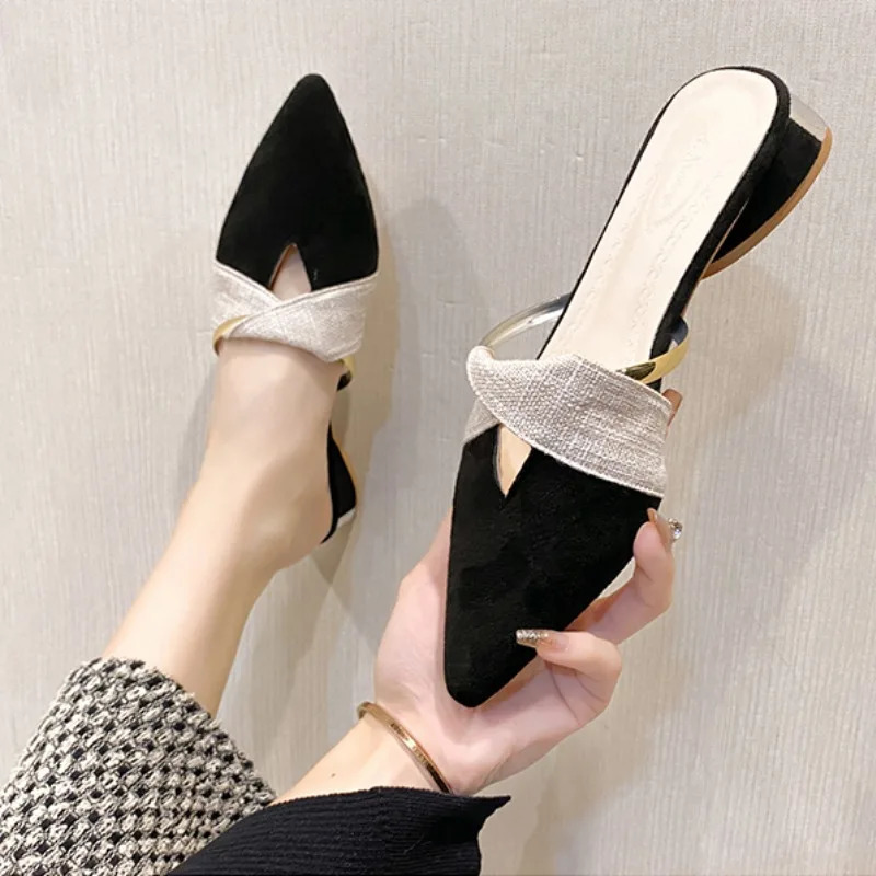 Womens Closed Lace Slider 2024 Korean Fashion Pointed Lace Womens Comfortable Low Heel Mule Zapatillas Mujer 240713