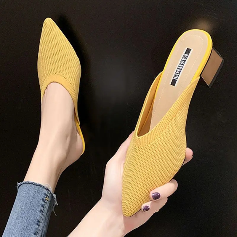 Summer 2024 high heels pointed shoes mules womens sliders and sandals black anti slip Korean style 39 F 240713