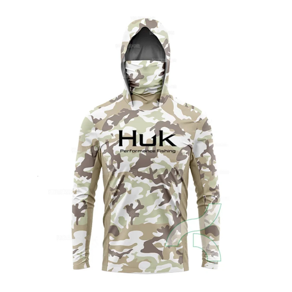 HUK Fishing Shirt Long Sleeve Anti-UV Fishing Hooded Shirts With Face Mask Fish Clothing Outdoor Sun Protection T-shirts UPF 50 240709